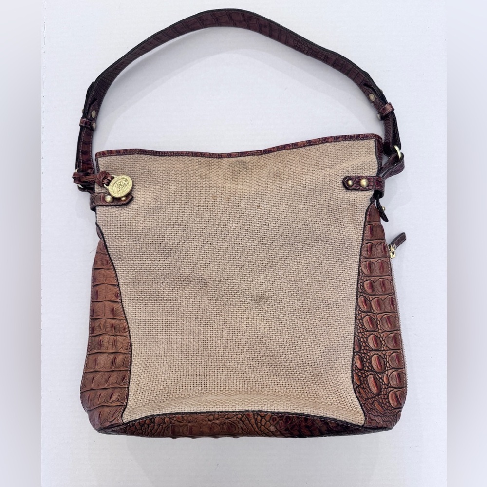 Brahmin VTG Y2K Brown Crocodile Embossed Leather & Canvas Shoulder Bag Hobo